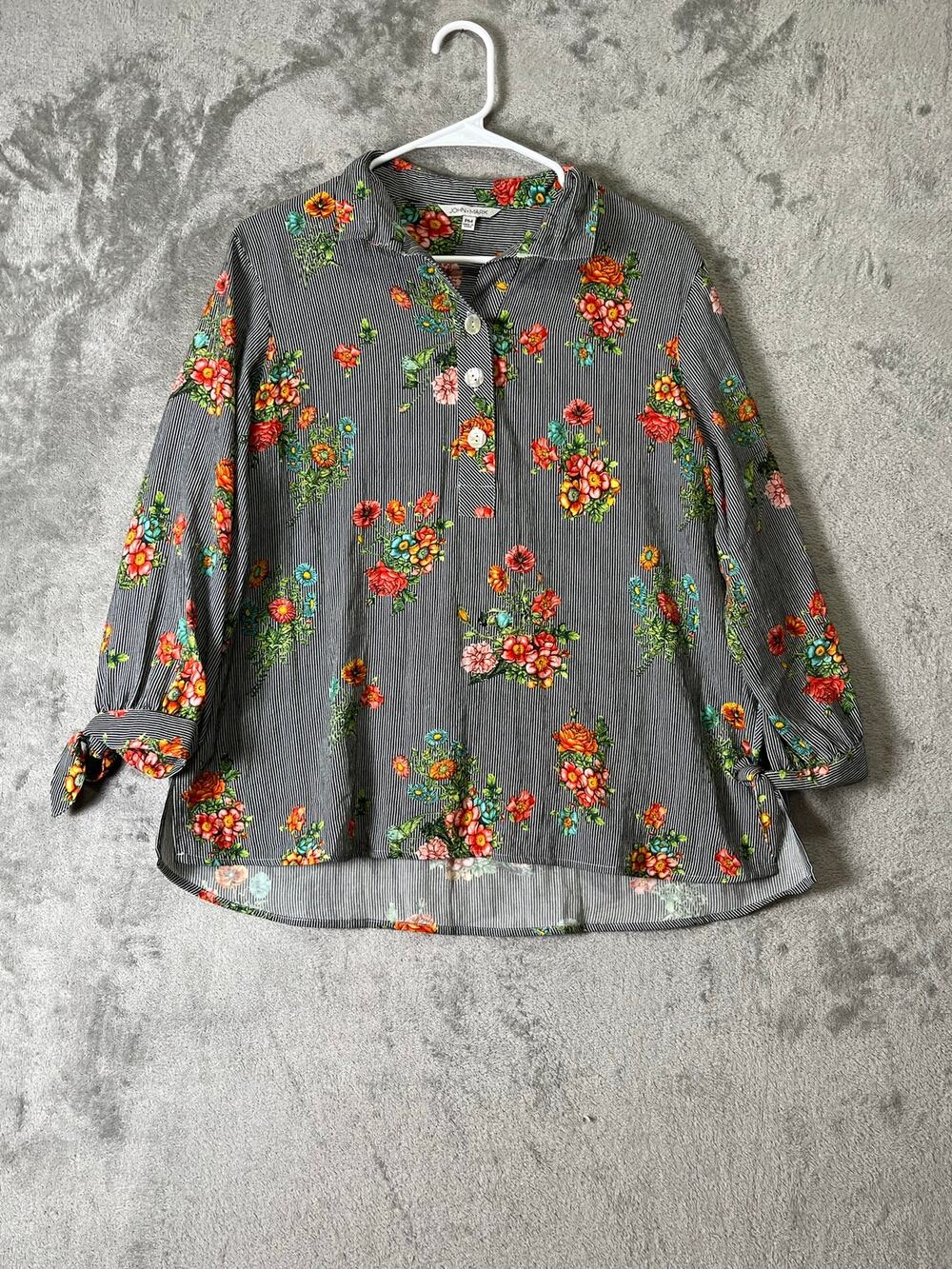 John Mark Petite Medium Floral Stripe Button Front Tunic Blouse Cottagecore New